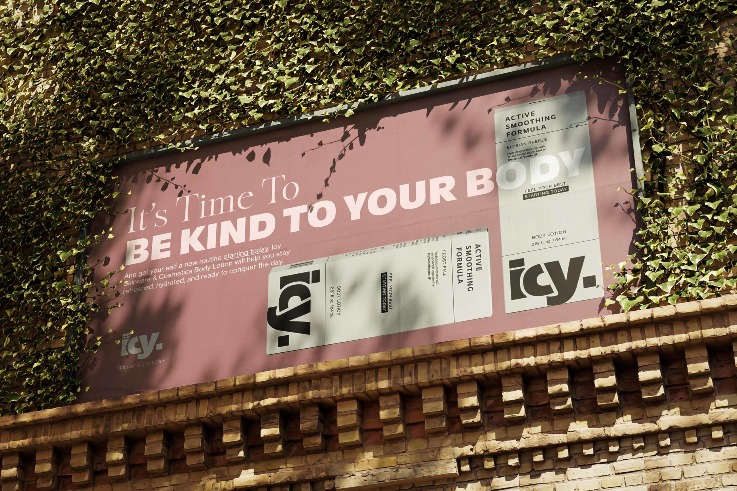 A large billboard with a pink background and white text. The billboard is attached to a brick wall with vines growing on it. The text on the billboard says 