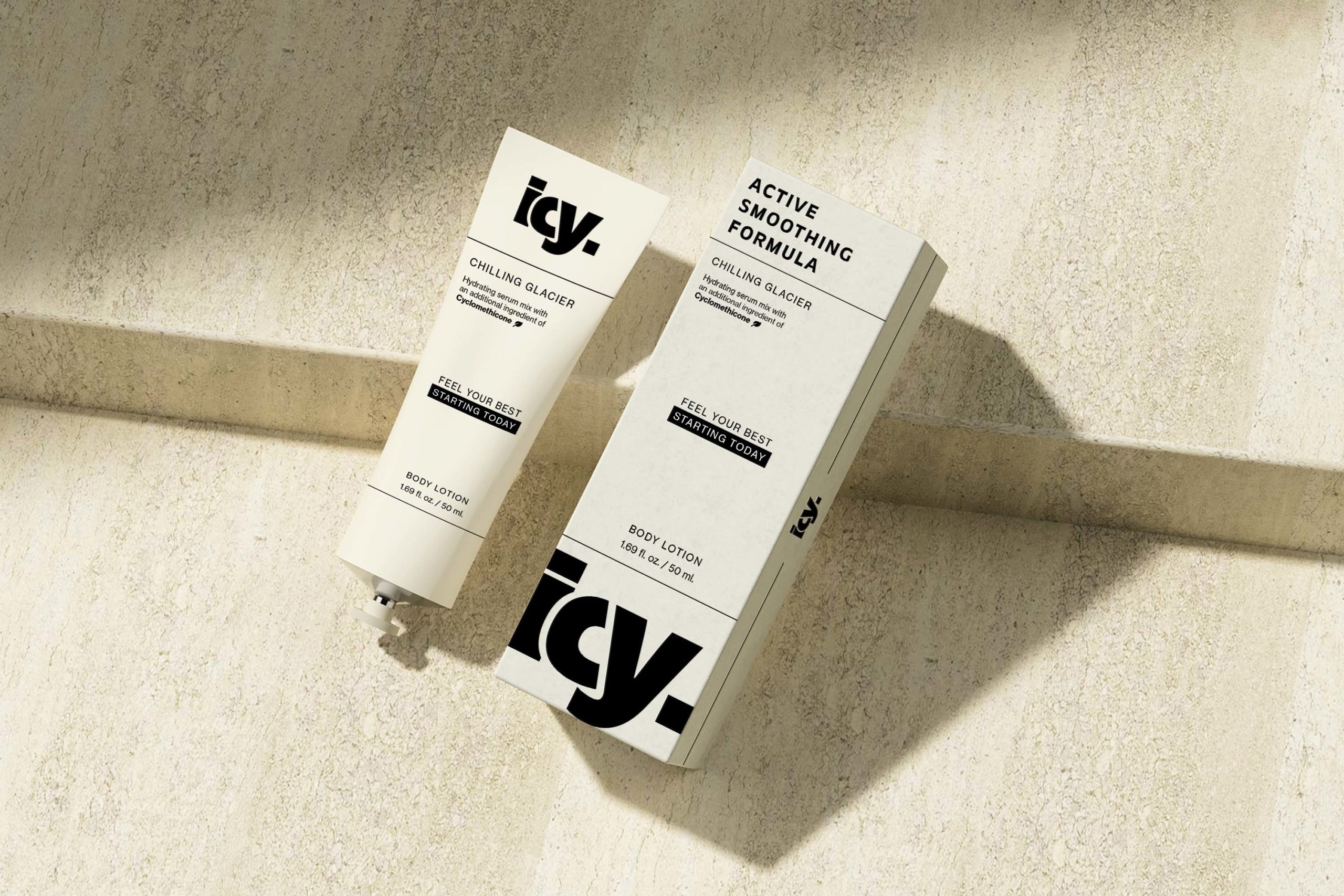 A tube and box of body lotion against a light stone background. Text on packaging highlights its soothing properties.